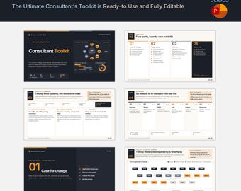 Op de afbeelding: Een ERP-implementatie consultant toolkit presentatie met 30 dia's. De donkergekleurde dia's tonen tekst, grafieken en diagrammen met details over projectfasen, systeemlandschappen en business cases voor enterprise resource planning.