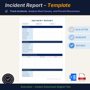 May include: An Incident Report template document featuring sections for Incident Summary, Impact Scope, Incident Timeline, and Root Cause Analysis. The layout includes fields for Document No., Severity Level, and Status, with icons for A4, Letter, Word, PDF, and Editable formats.