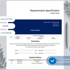 May include: A requirements specification document template featuring a dark blue header with text including Document ID 2026-AN-001, Version 1.0, and 2026-00-00. The page includes sections for Permission and Revision History, with a silver pen placed to the right.