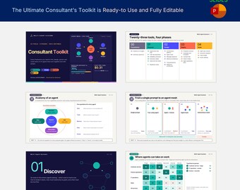 May include: A digital presentation toolkit titled Multi-Agent Systems Consultant Toolkit containing 30 slides. The slides feature dark and light backgrounds with colorful diagrams, charts, and text explaining agent mesh, anatomy, and workflows.