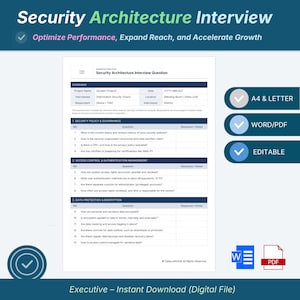 Puede incluir: Una plantilla digital de cuestionario de entrevista de arquitectura de seguridad con secciones de política de seguridad, control de acceso y protección de datos, incluyendo campos para detalles del proyecto y catorce preguntas específicas.