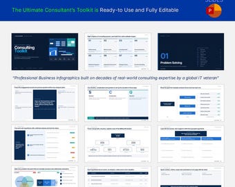 May include: A digital consulting toolkit presentation deck featuring 100 slides with professional business infographics, charts, and diagrams. The layout includes dark blue and white color schemes, PowerPoint branding, and text detailing consulting frameworks.