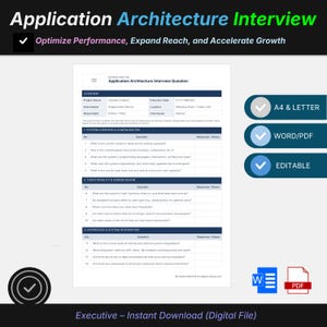Puede incluir: Un documento digital titulado Application Architecture Interview Question con secciones para visión general del sistema, funcionalidad e integración. El formulario blanco incluye encabezados azules y campos de texto para detalles del proyecto.