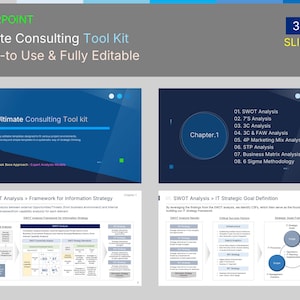 Puede incluir: Plantilla de presentación de PowerPoint "Ultimate Consulting Tool Kit" con 32 diapositivas. Las diapositivas incluyen texto y diagramas para el análisis de negocios, incluido el análisis SWOT y el análisis de la mezcla de marketing.