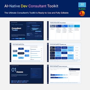 May include: A digital presentation deck titled AI-Native Dev Consultant Toolkit featuring 30 slides in PowerPoint format. The slides display dark blue backgrounds with white text, charts, and diagrams illustrating software delivery loops, capability maps, and developer workflow metrics.