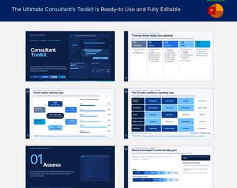 May include: A digital presentation deck titled AI-Native Dev Consultant Toolkit featuring 30 slides in PowerPoint format. The slides display dark blue backgrounds with white text, charts, and diagrams illustrating software delivery loops, capability maps, and developer workflow metrics.