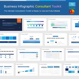 May include: A digital business infographic consultant toolkit featuring 70 editable slides. The presentation displays various blue and white charts, diagrams, and tables for professional use, including a PowerPoint icon and text headers.