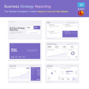 May include: A digital presentation template titled Business Strategy Reporting featuring 30 slides. The layout includes purple and white sections with charts, graphs, and text fields for revenue, market position, and growth metrics for PowerPoint.