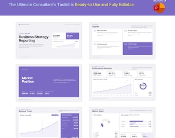 Op de afbeelding: Een digitale presentatiesjabloon getiteld Business Strategy Reporting met 30 dia's. De lay-out bevat paarse en witte secties met grafieken, diagrammen en tekstvelden voor omzet, marktpositie en groeistatistieken voor PowerPoint.