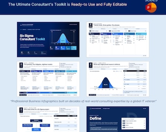 Op de afbeelding: Een Six Sigma consultant toolkit met 30 bewerkbare PowerPoint-dia's. De presentatie bevat infographics, procescapaciteitsgrafieken, DMAIC-roadmaps, tabellen met sigma-niveaus, projectteamstructuren en fase-specifieke define-dia's.