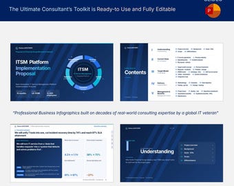 May include: A 40-slide ITSM Platform Implementation Proposal presentation template. The slides feature blue and white graphics, charts, and text detailing IT service management strategies, project timelines, and performance metrics.