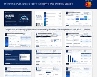 May include: A digital presentation toolkit titled SLA & SLM Consultant Toolkit containing 50 editable slides. The layout features various business infographics, charts, and text-based service management frameworks in a blue and white color scheme.
