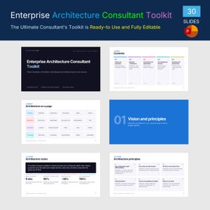 May include: A digital presentation template titled Enterprise Architecture Consultant Toolkit with 30 slides. The layout features dark and light backgrounds with text, charts, and diagrams detailing vision, principles, and architecture strategies.