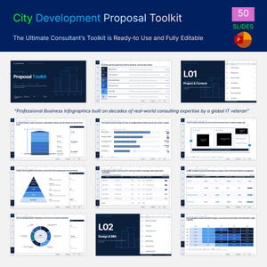 May include: A City Development Proposal Toolkit featuring 50 editable slides in a dark blue and white colour scheme. The presentation includes business infographics, charts, tables, and project context slides with text labels for professional use.