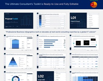 May include: A City Development Proposal Toolkit featuring 50 editable slides in a dark blue and white color scheme. The presentation includes business infographics, charts, tables, and project context slides with text labels for professional use.