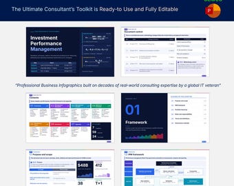 May include: A 70-slide Investment Performance Management presentation toolkit featuring dark blue and white layouts. Includes document control tables, content outlines, performance frameworks, and data flow charts with financial formulas and metrics.