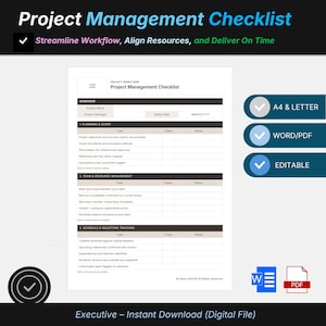 Puede incluir: Una plantilla digital de lista de verificación de gestión de proyectos con secciones para resumen, planificación, gestión de recursos y seguimiento de hitos. Incluye formatos A4 y carta, archivos Word y PDF, y es totalmente editable.
