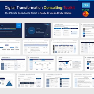 May include: A digital transformation consulting toolkit presentation deck featuring 36 slides. The layout includes a title slide with the text Digital Transformation Consulting Toolkit, followed by various business frameworks, process charts, and IT strategy diagrams.
