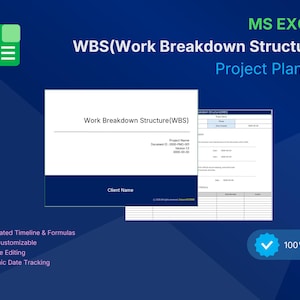 May include: A blue graphic promoting an MS Excel project planner. The image includes the text "WBS (Work Breakdown Structure) Project Planner" and features a document template with the text "Work Breakdown Structure (WBS)". Additional text includes "Automated Timeline & Formulas" and "100% Editable."