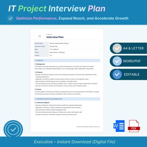 Peut inclure: Un modèle de document numérique de plan d'entretien de projet informatique avec des sections pour l'aperçu, le contexte, l'objectif, la portée et les sujets d'entretien. Il inclut des champs pour le nom du projet, la date et l'auteur, avec des icônes A4, Letter, Word et PDF.