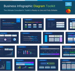 May include: A digital business infographic diagram toolkit featuring 35 slides with dark blue backgrounds. The slides display various charts, process flows, timelines, and organizational structures with text labels and a PowerPoint logo icon.