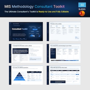 May include: A digital presentation toolkit titled MIS Methodology Consultant Toolkit featuring 30 editable slides. The layout includes dark blue headers, white backgrounds, and various charts, tables, and text blocks detailing management information systems.