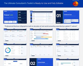 May include: An Insurance System Proposal Toolkit featuring 50 slides in a PowerPoint format. The presentation includes various business infographics, data charts, project timelines, and strategic planning layouts with blue and white color schemes.