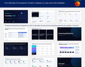 May include: An SDN Consulting Toolkit presentation deck featuring 40 slides with dark blue and white backgrounds. The slides contain business infographics, text, and charts detailing network infrastructure, software-defined platforms, and use cases.