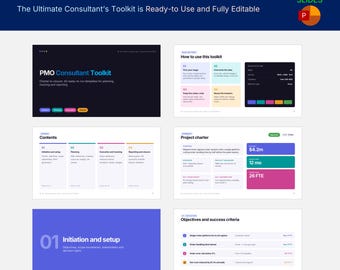 May include: A PMO Consultant Toolkit presentation deck featuring 40 slides. The layout includes a title slide, instructions, contents, project charter, and objectives. The design uses a dark blue, white, and colourful palette with text.