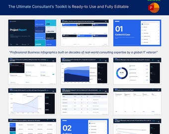 May include: A digital media proposal project report template featuring 50 slides. The layout includes various business infographics, charts, tables, and text sections with a blue, white, and dark gray color scheme, including a PowerPoint icon.