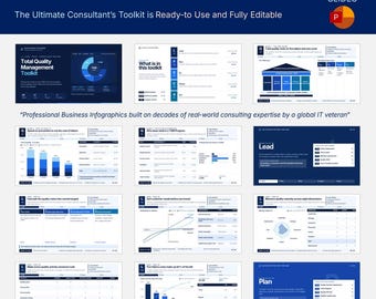 May include: A Total Quality Management Toolkit presentation deck featuring 40 slides with professional business infographics, charts, and text. The layout includes a title slide, process diagrams, bar graphs, and data tables in a blue and white color scheme.