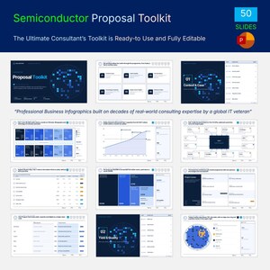 May include: A digital Semiconductor Proposal Toolkit featuring 50 slides with professional business infographics, charts, and data visualizations in blue and white, including text headers like Proposal Toolkit and Context & Case.