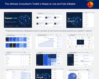 May include: A digital Semiconductor Proposal Toolkit featuring 50 slides with professional business infographics, charts, and data visualizations in blue and white, including text headers like Proposal Toolkit and Context & Case.