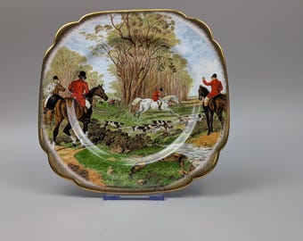 Piatto quadrato vintage in porcellana Bone China con scena di caccia all'aringa di J F.