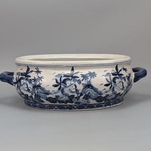 Großer Vintage-Bonsai-Topf in Blau-Weiß im Chinoiserie-Stil