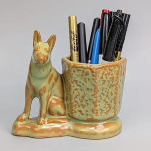 Vintage Burton Stoneware Dog Desk Caddy Green Brown Drip Glaze German Shepherd