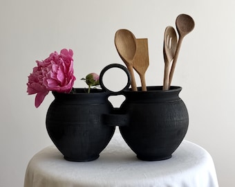 Black Utensil Holder, Double Black Clay Pot
