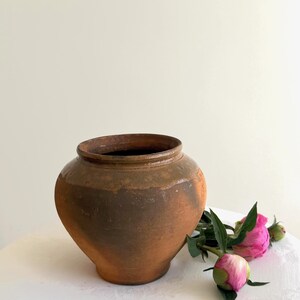 Pode incluir: Um vaso de barro castanho, redondo e rústico, com uma abertura larga e uma base afunilada. A superfície do vaso apresenta variações de cor e textura. Duas flores de peónia cor-de-rosa com folhas verdes estão posicionadas junto à base.