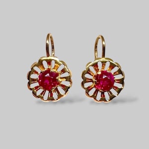 Vintage 583 Rose Gold Earrings with Pink Corundum | Soviet USSR Floral Earrings | French Hook | 3.83g | Gift for Her