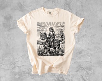Funny Frog and Cat Shirt, Vintage Dark Academia Graphic Tee, Retro Goblincore Clothing Gift for Her Him, Fantasy Knight T-shirt