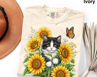 Vintage Sunflower Kitten Shirt, Retro Comfort Colors® Cottagecore Cat Graphic Tee, Monarch Butterfly & Floral Unisex Tshirt
