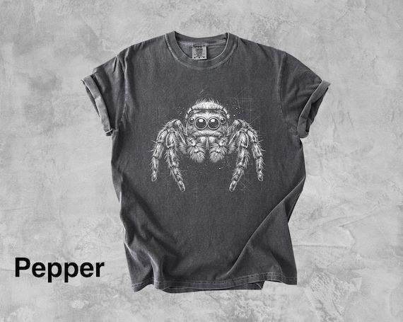 Oversized Jumping Spider Shirt, Comfort Colors Goth Tee, Vintage Linocut Bug Top, Dark Alt Clothing, Retro Arachnid Graphic T-Shirt
