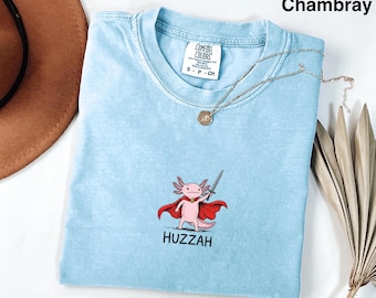 Huzzah Axolotl Comfort Colors Shirt, Oversized Funny Meme Tee, Cute Knight Graphic T-Shirt, DnD Player Gift, Silly Animal Apparel