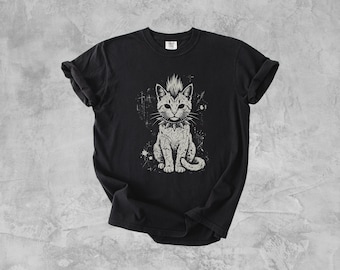 Punk Cat Comfort Colors Shirt, Oversized Grunge Tee, Vintage Washed Kitten T-Shirt, Funny Alternative Animal Top, Edgy Gift for Cat Mom