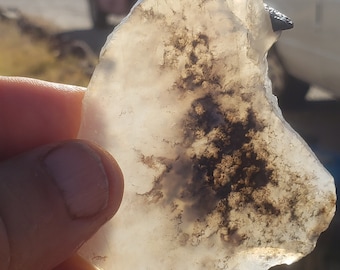 May include: A translucent white agate stone with brown dendritic patterns. The stone is irregularly shaped and has a rough texture.