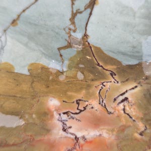 May include: A polished stone surface featuring a complex pattern of swirling colors including pale mint green, earthy ochre, and soft peach tones, intersected by dark brown and black veins that create a natural, organic, and marbled appearance.