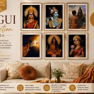 May include: A collection of six framed art prints titled YOGUI Collection 2026, featuring illustrations of Hindu deities and spiritual figures. The prints are displayed in a grid on a wall above a sofa, with text detailing the collection.
