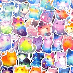 May include: A collection of colorful cat stickers with a watercolor effect. The stickers feature various cat designs in shades of blue, pink, orange, and purple, with some cats having a galaxy or rainbow theme. The stickers are ideal for decorating notebooks or personal items.