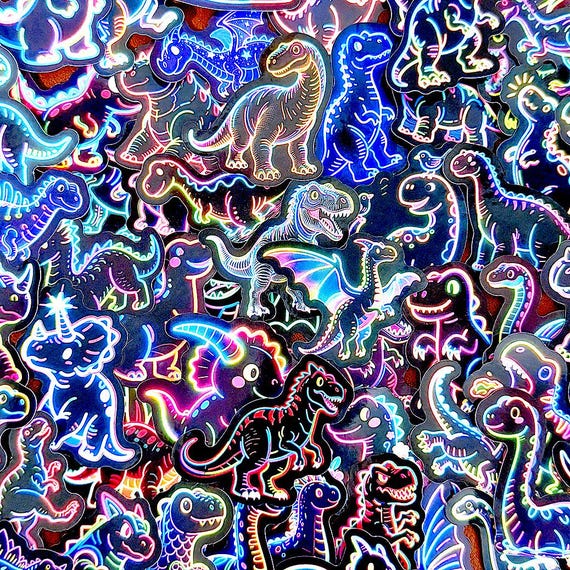 50Pcs Neon Dinosaur Sticker Pack, Cool Cartoon Dino Stickers, Glowing Vinyl Decals for Laptop Water Bottle Journal Scrapbook Kids Gift
