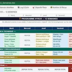 May include: A 12-week HYROX training program schedule, displayed on a spreadsheet. The plan is divided into phases focusing on aerobic base, force-endurance, race intensity, and peak performance. Includes running, rowing, and strength exercises.